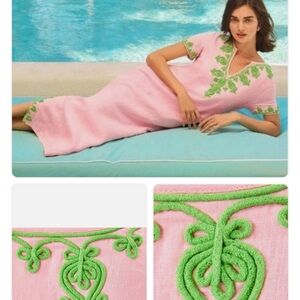 Lilly Pulitzer Pink Maxi Linen Caftan Ariella Green Embroidery